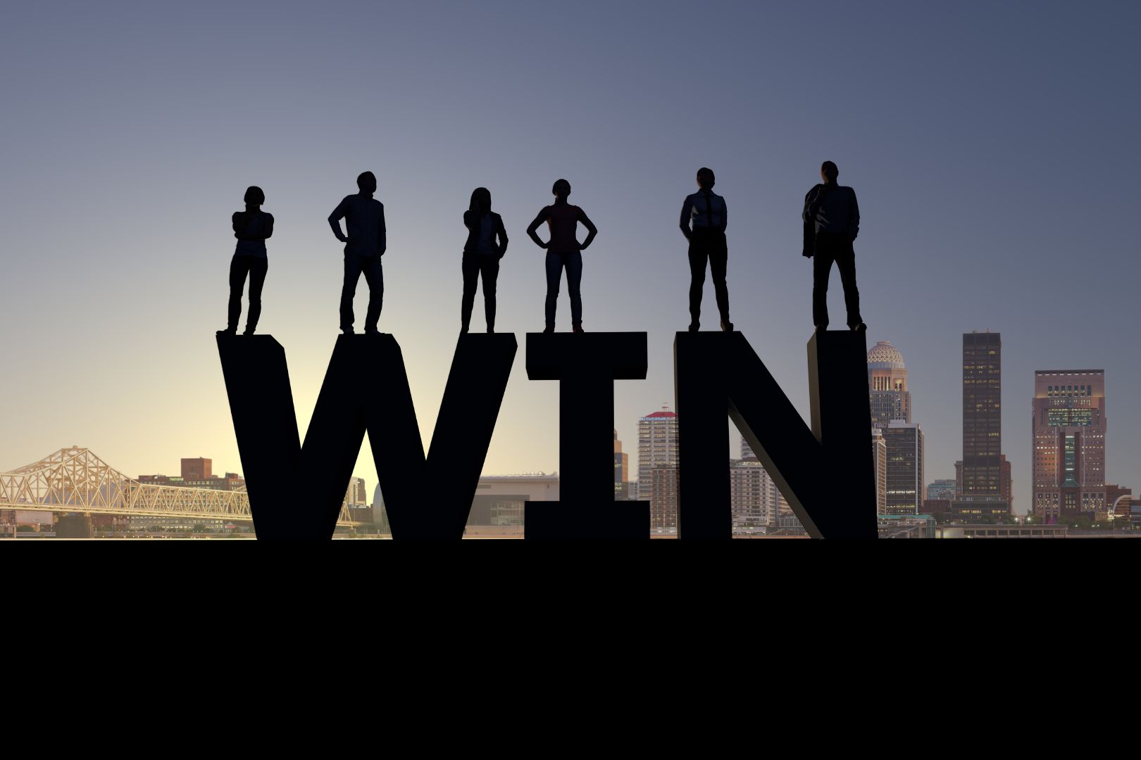 Silhouetted figures of professionals stand confidently on top of large, bold letters spelling 'WIN' with the Louisville, KY city skyline in the background, symbolizing the strategic success and collaboration in real estate.
